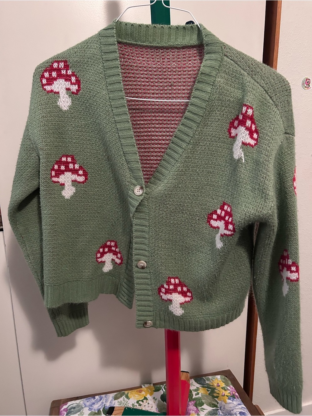 Green Mushroom Knit Button-Front Cardigan cottagecore